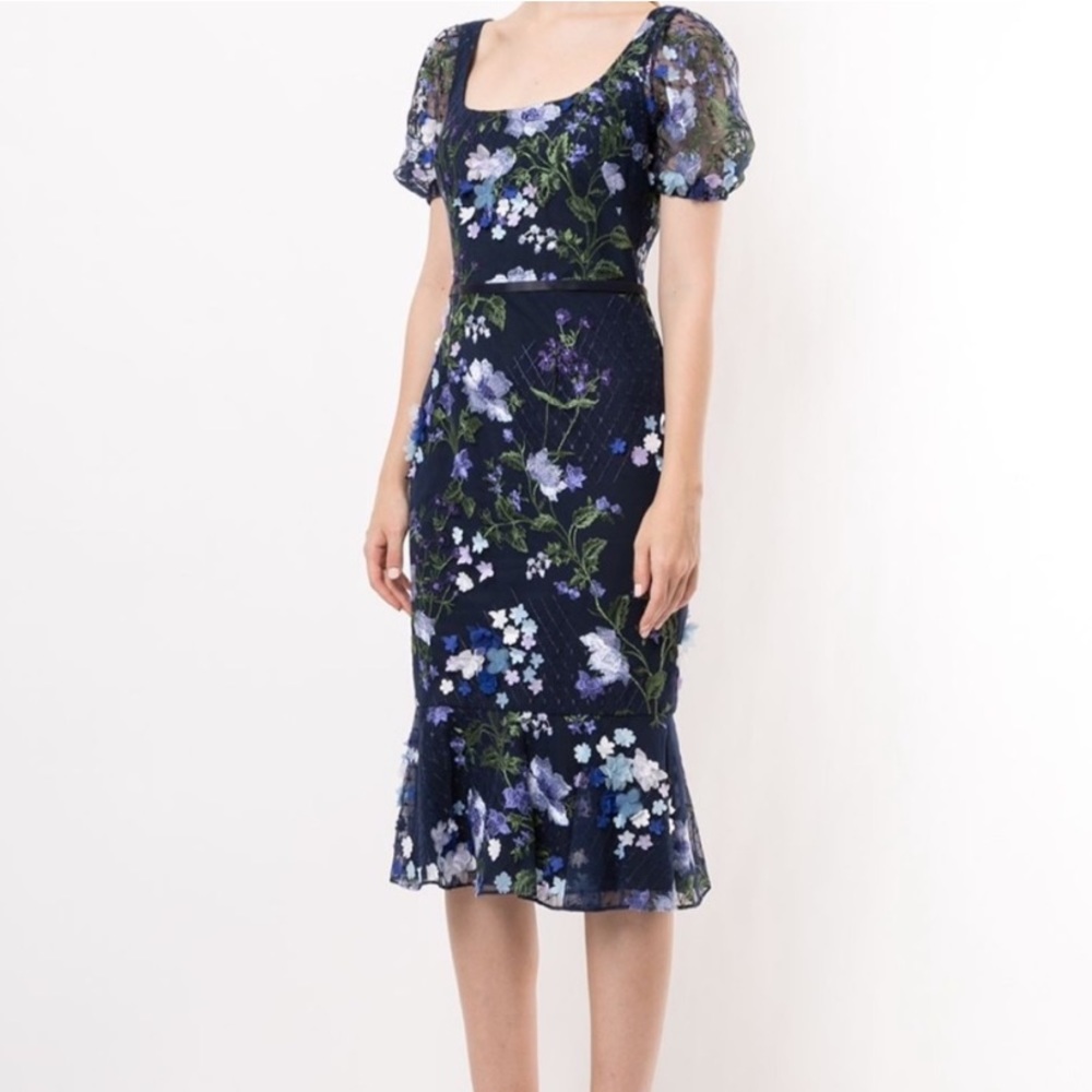 Last Chance MARCHESA NOTTE 3D Floral Embroidered Cocktail Dress Blue Size 2